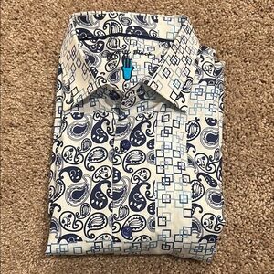 Blue and White Casual Button Down Shirt with Artistic Pattern